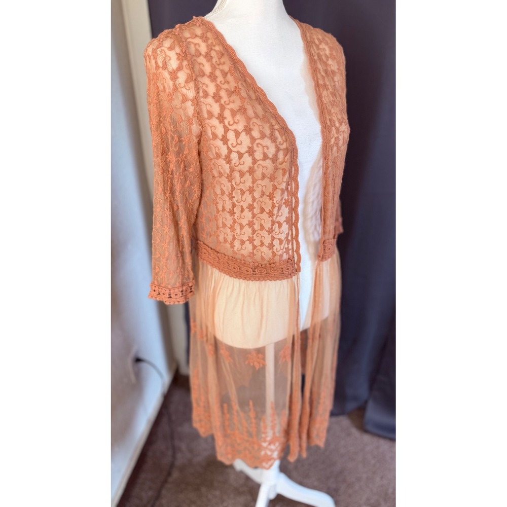 Xhilaration Womens L Terracotta Lace Mesh Duster Cardigan Sheer Boho Open Front